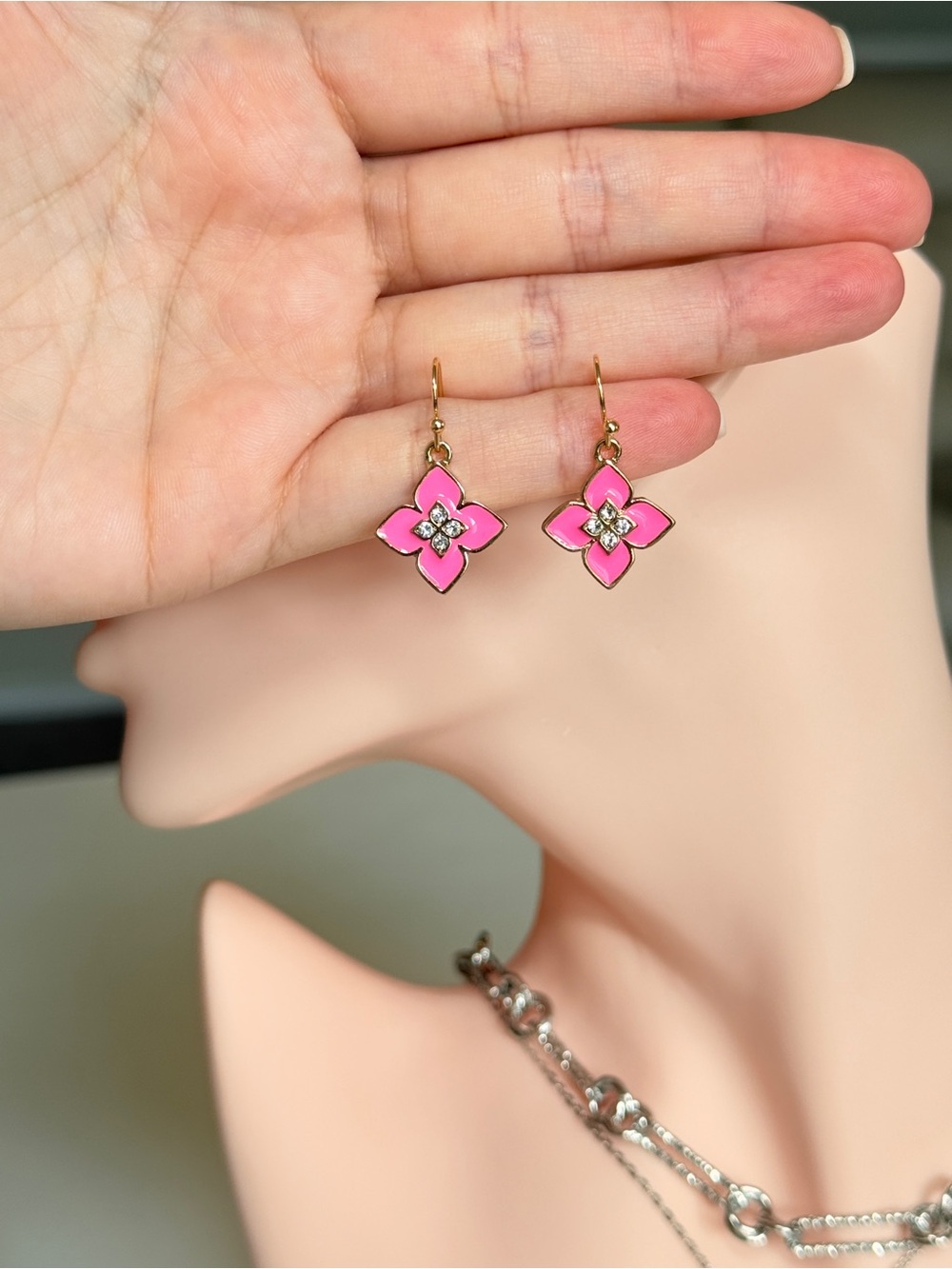 Gold Pink Enamel Flower Drop Earrings with CZ - Picture 12 of 12